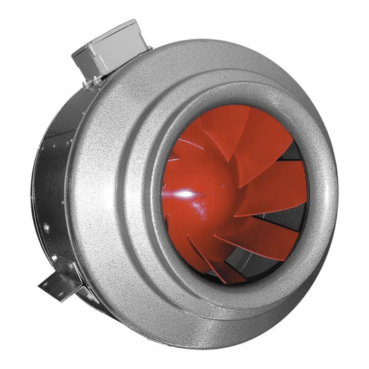 Atmosphere Vortex Powerfan V-Series inline duct fan, steel housing with red mixed-flow impeller and mounting bracket