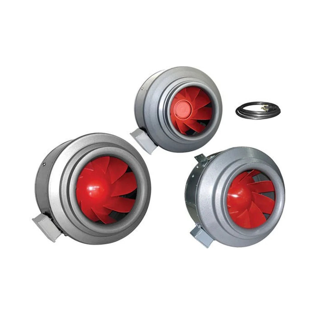 Vortex Powerfan V-Series inline fans in 12, 14 and 16 inch duct sizes with mounting ring