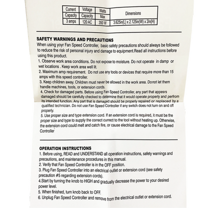 Common Culture Fan Speed Controller instructions