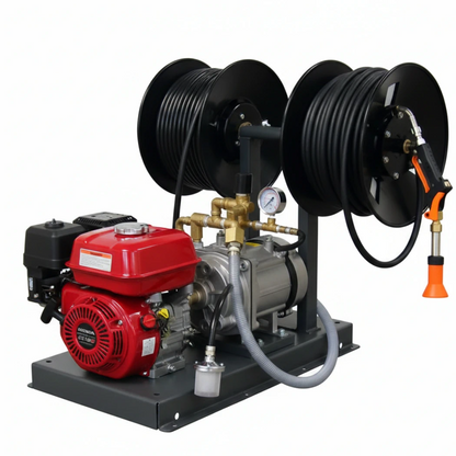 Dramm Hydra NO CART, Honda 5.5HP engine, 2 reels, 200' hose, includes all plumbing, suction hose 6' to cut onsite, pressure hose
