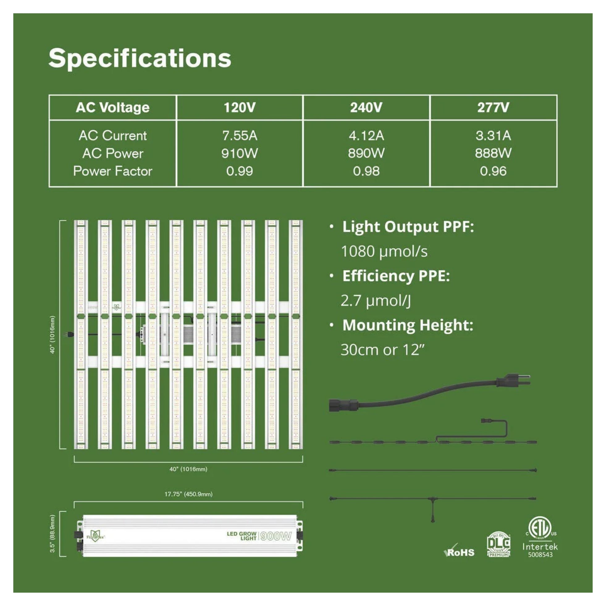FloraFlex 900W LED Grow Light Full Spectrum Specifications