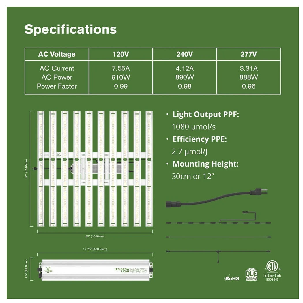 FloraFlex 900W LED Grow Light Full Spectrum Specifications
