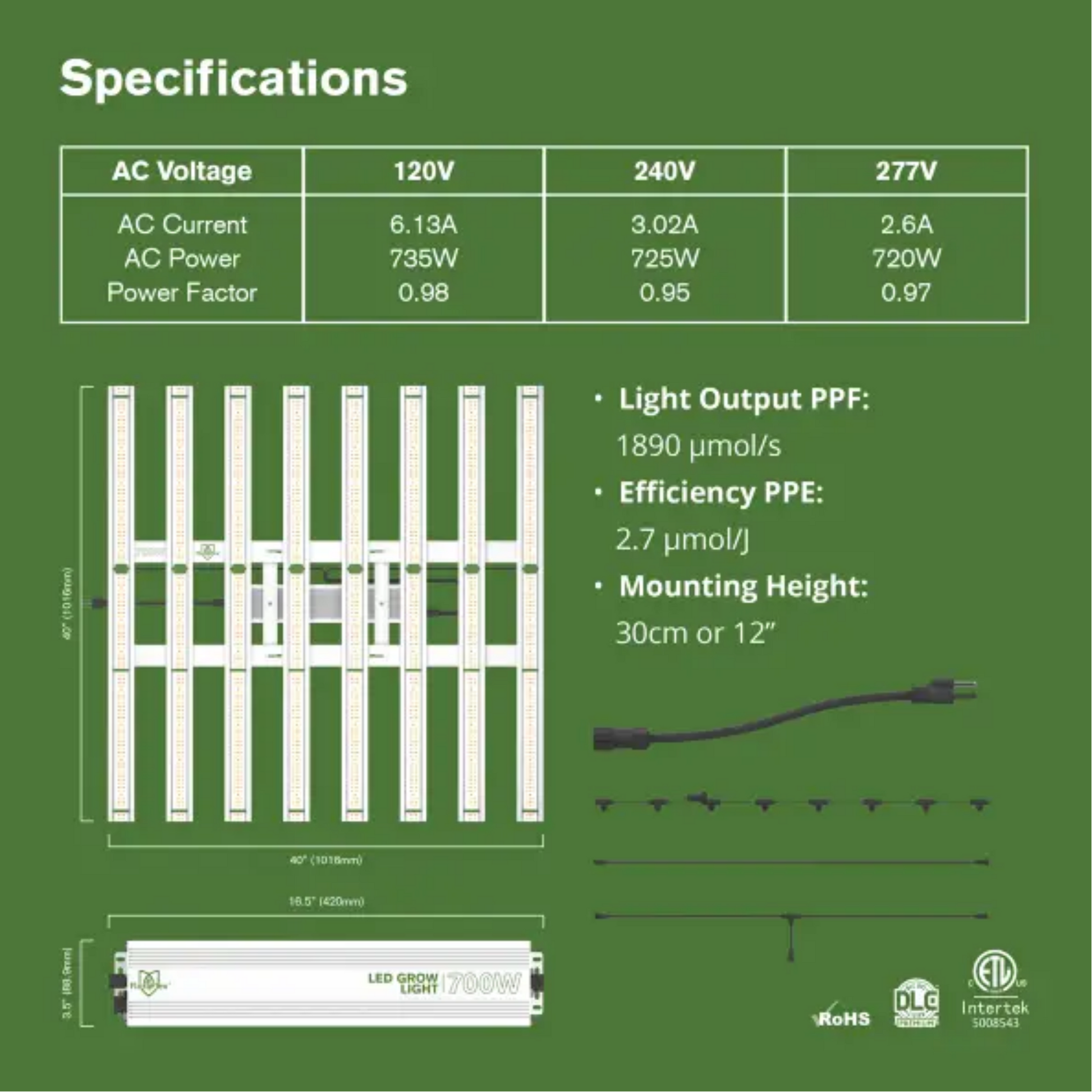 FloraFlex DLC 700W Full Spectrum LED Grow Light specifications