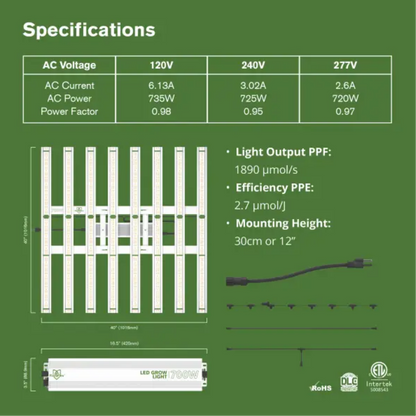 FloraFlex DLC 700W Full Spectrum LED Grow Light specifications