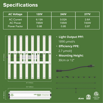 FloraFlex DLC 700W Full Spectrum specifications