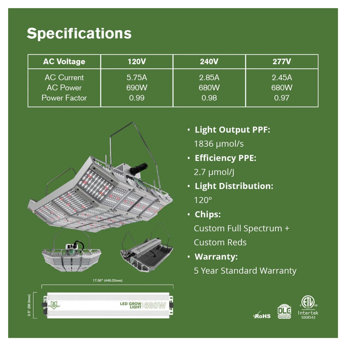FloraFlex High Bay 680W Full Spectrum Specifications