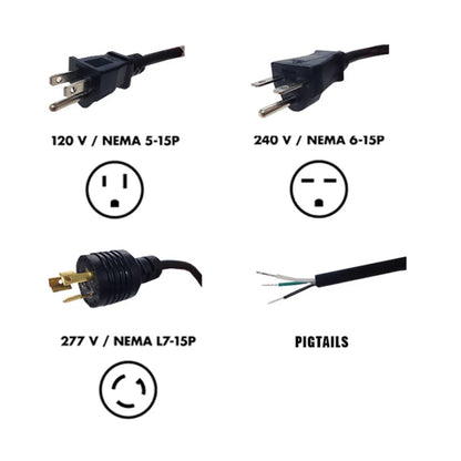 Fluence RAY22 plug options: 120V NEMA 5-15P, 240V NEMA 6-15P, 277V NEMA L7-15P, pigtails