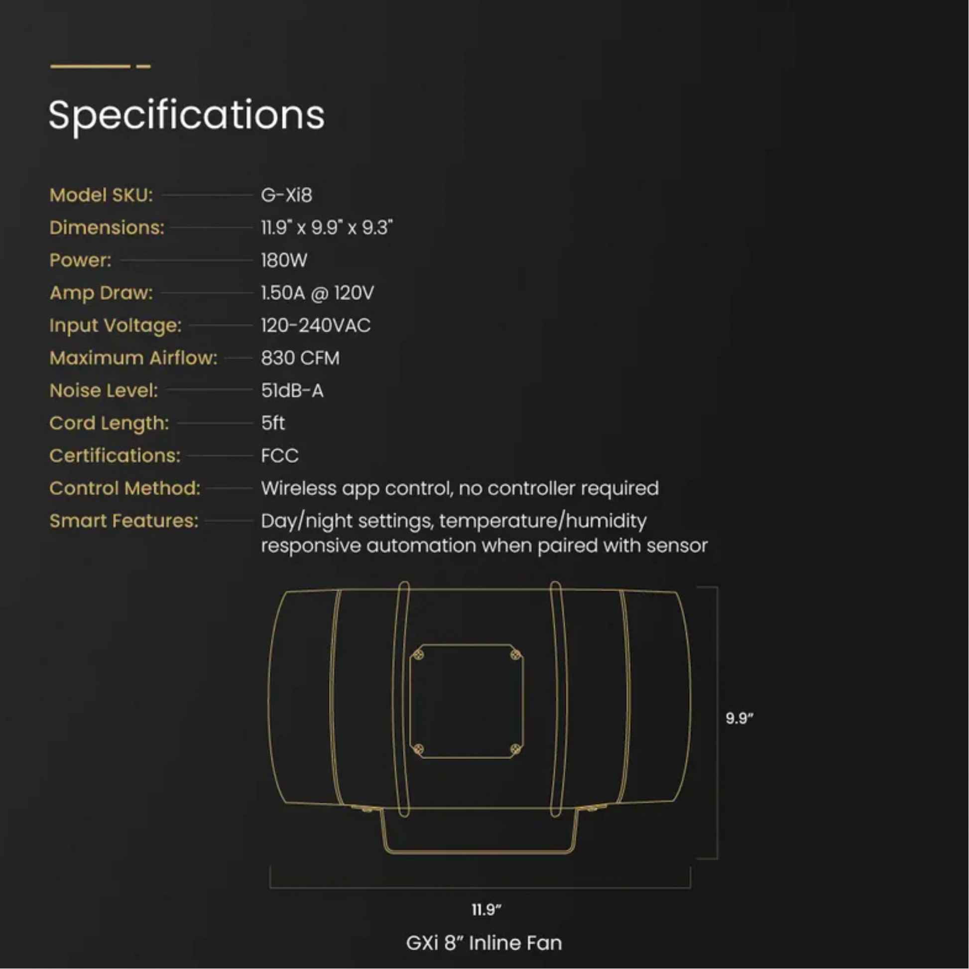 GXi 8 - Wireless Intelligent Inline Fan specifications