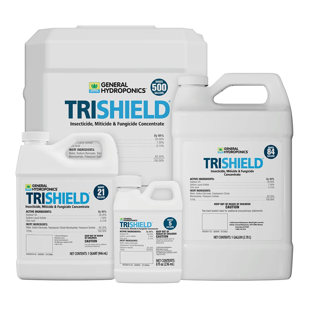 General Hydroponics TriShield insecticide, miticide and fungicide in 8 oz, quart, gallon and 6 gallon sizes