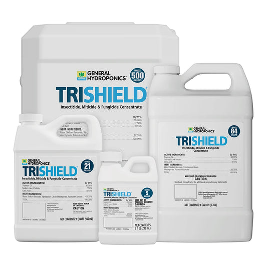 General Hydroponics TriShield insecticide, miticide and fungicide in 8 oz, quart, gallon and 6 gallon sizes