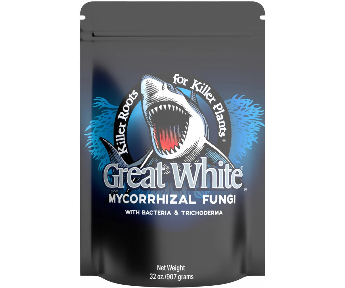 Black packaging of Great White mycorrhizal fungi with shark graphic on a white background