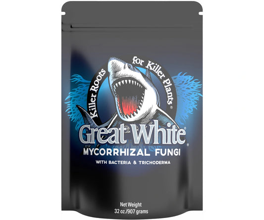 Black packaging of Great White mycorrhizal fungi with shark graphic on a white background