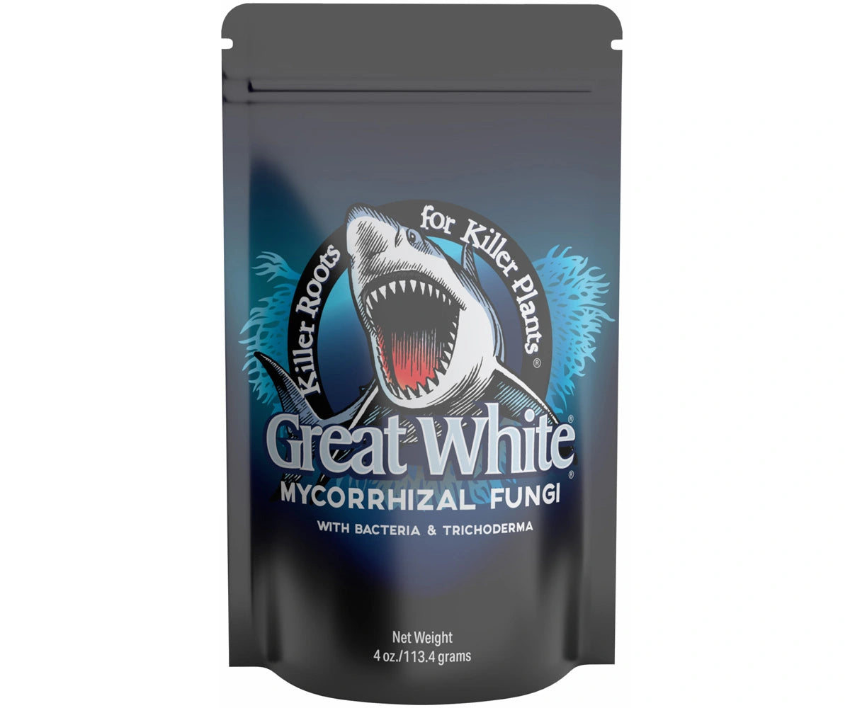 Black packaging of Great White mycorrhizal fungi with shark graphic on a white background