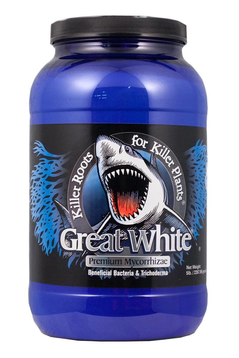 Blue container labeled 'Great White' with a shark graphic on a white background