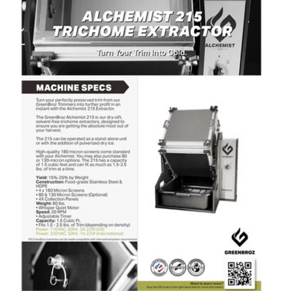 GreenBroz Alchemist 215 Trichome Extractor top tumbler specs