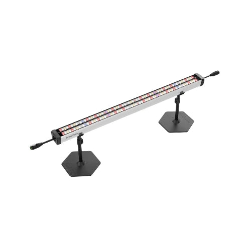 Long rectangular light fixture on stands with a white background