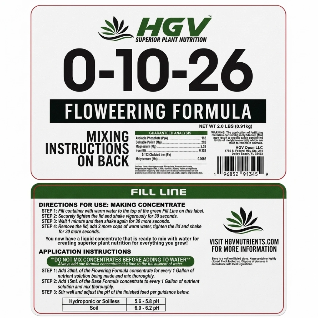 HGV Flower Dry Ready To Mix 2.5 Gallon label