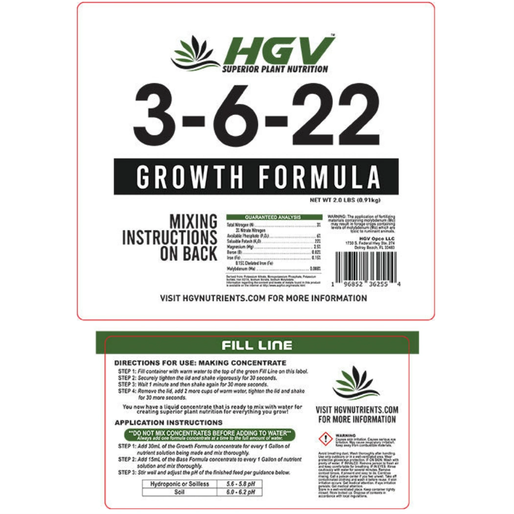 HGV Grow Dry Ready To Mix 2.5 Gallon label