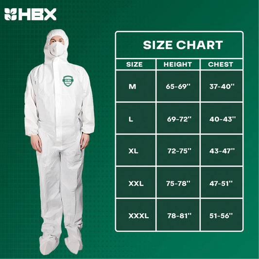 Hydrobuilder HBX Disposable Coverall 55 GSM CAT III With Boot cover size chart