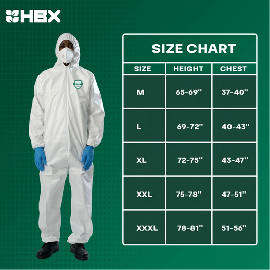 Hydrobuilder HBX Disposable Coverall size chart