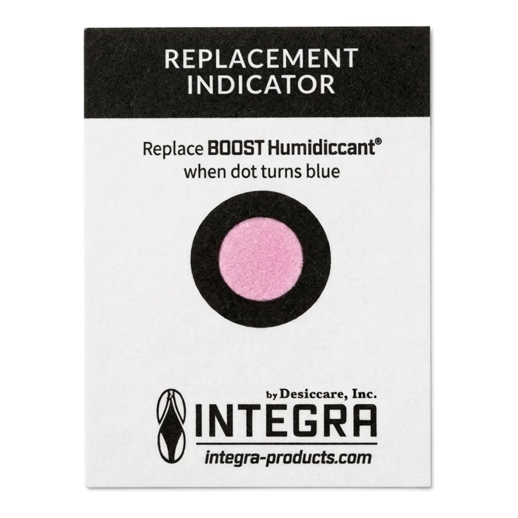 Integra Boost replacement indicator card: dot turns blue when the 62% humidiccant pack needs replacing