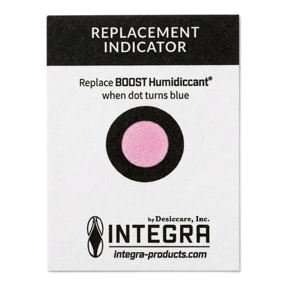 Integra Boost replacement indicator card: dot turns blue when the 62% humidiccant pack needs replacing