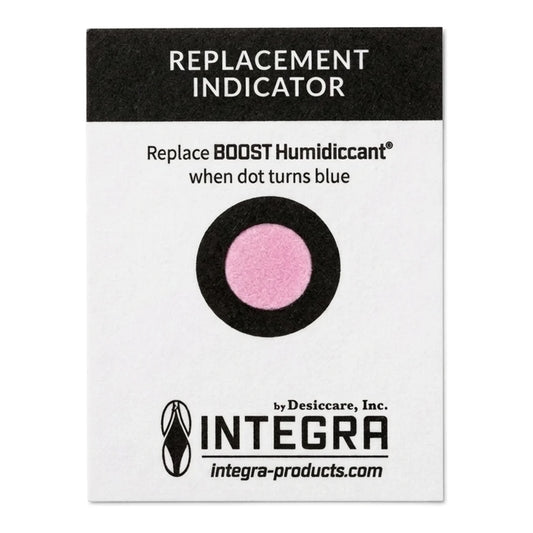 Integra Boost replacement indicator card: dot turns blue when the 62% humidiccant pack needs replacing