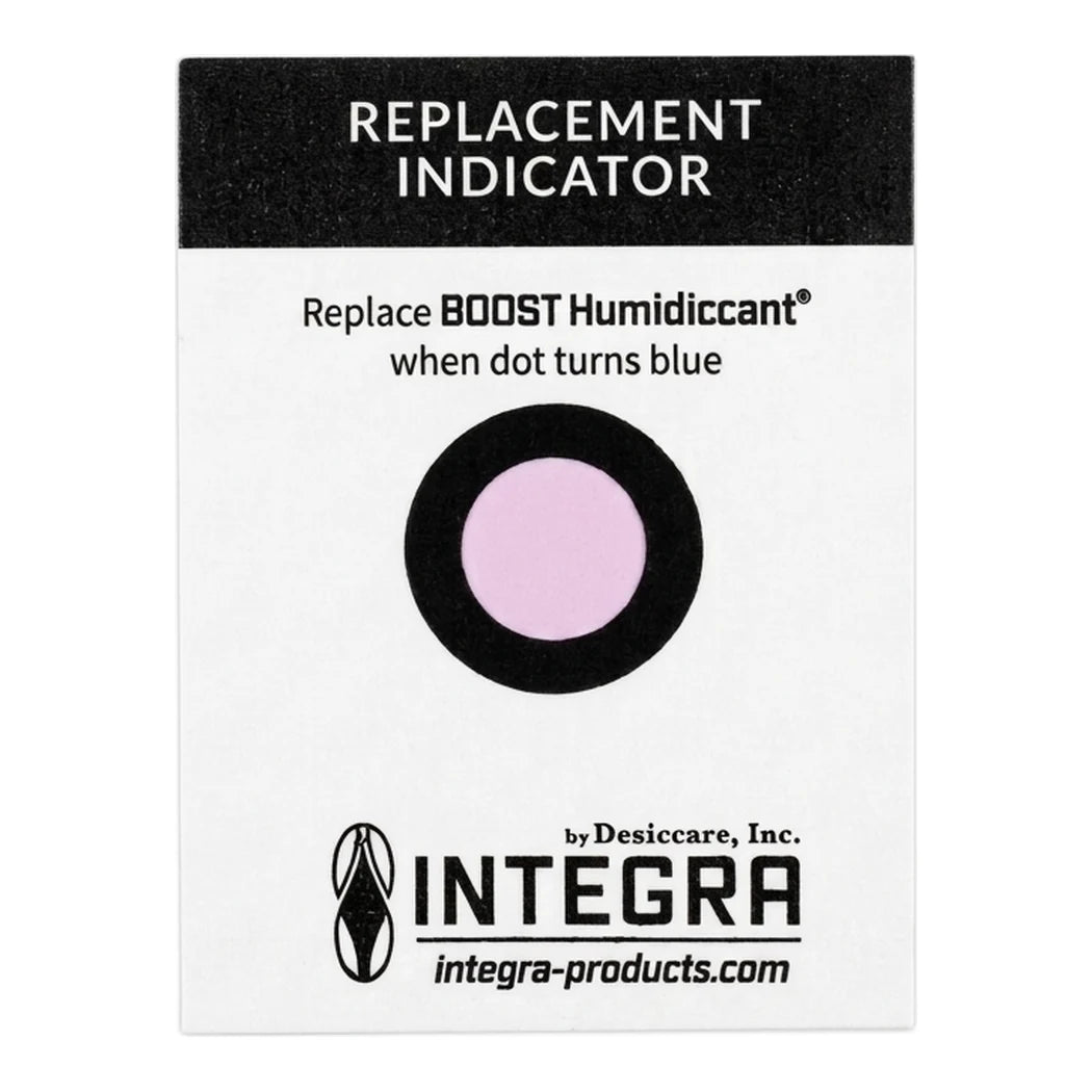Integra Boost replacement indicator card: dot turns blue when the 55% humidiccant pack needs replacing