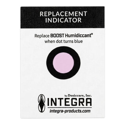 Integra Boost replacement indicator card: dot turns blue when the 55% humidiccant pack needs replacing