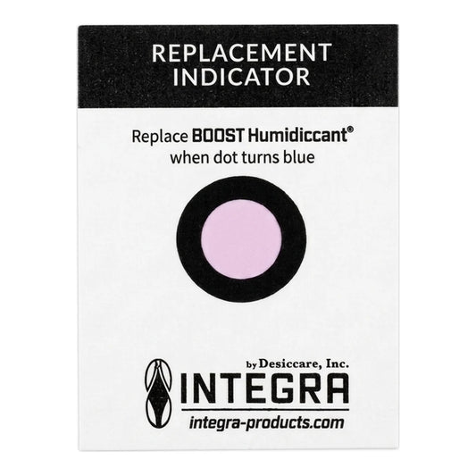 Integra Boost replacement indicator card: dot turns blue when the 55% humidiccant pack needs replacing