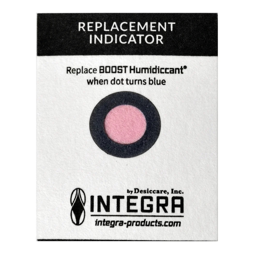 Integra Boost replacement indicator card: dot turns blue when the 62% humidiccant pack needs replacing