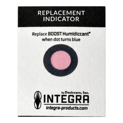 Integra Boost replacement indicator card: dot turns blue when the 62% humidiccant pack needs replacing