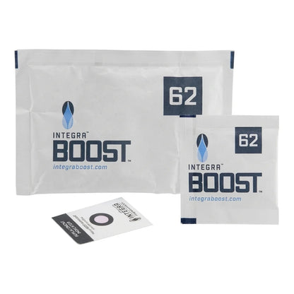 Integra Boost 62% Humidiccant packs by Desiccare, 67g size shown next to a smaller 8g pack and replacement indicator card