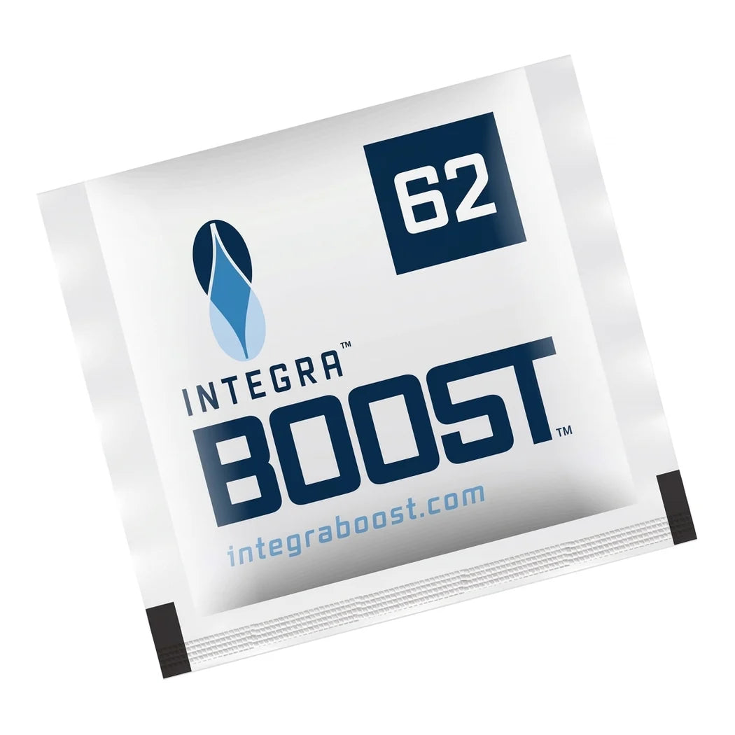 Integra Boost 8g Humidiccant 62% humidity pack by Desiccare, angled view of the sachet