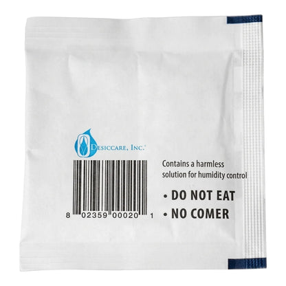 Back of the Integra Boost 8g Humidiccant 62% pack by Desiccare with barcode and do not eat warning