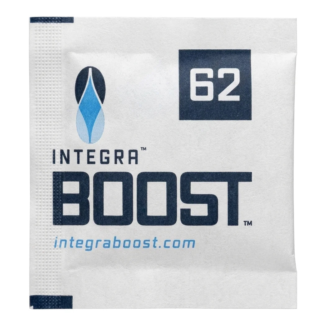 Integra Boost 8g Humidiccant by Desiccare 62% RH humidity pack, front of the sealed sachet