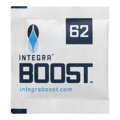 Integra Boost 8g Humidiccant by Desiccare 62% RH humidity pack, front of the sealed sachet
