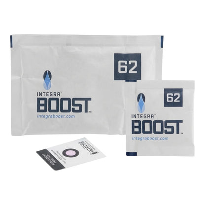 Integra Boost 62% Humidiccant packs by Desiccare, 8g size shown with a larger pack and replacement indicator card