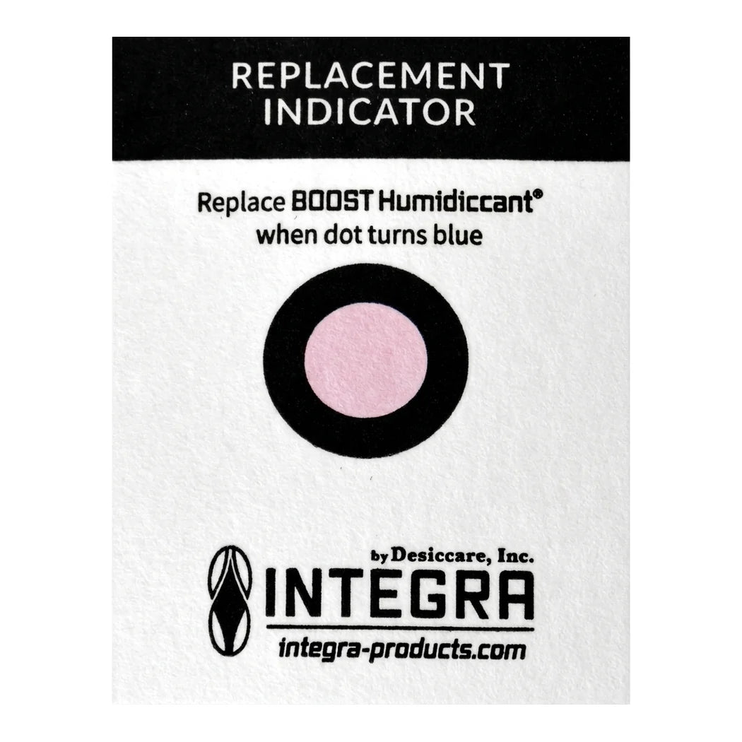 Integra Boost replacement indicator card: dot turns blue when the 62% humidiccant pack needs replacing