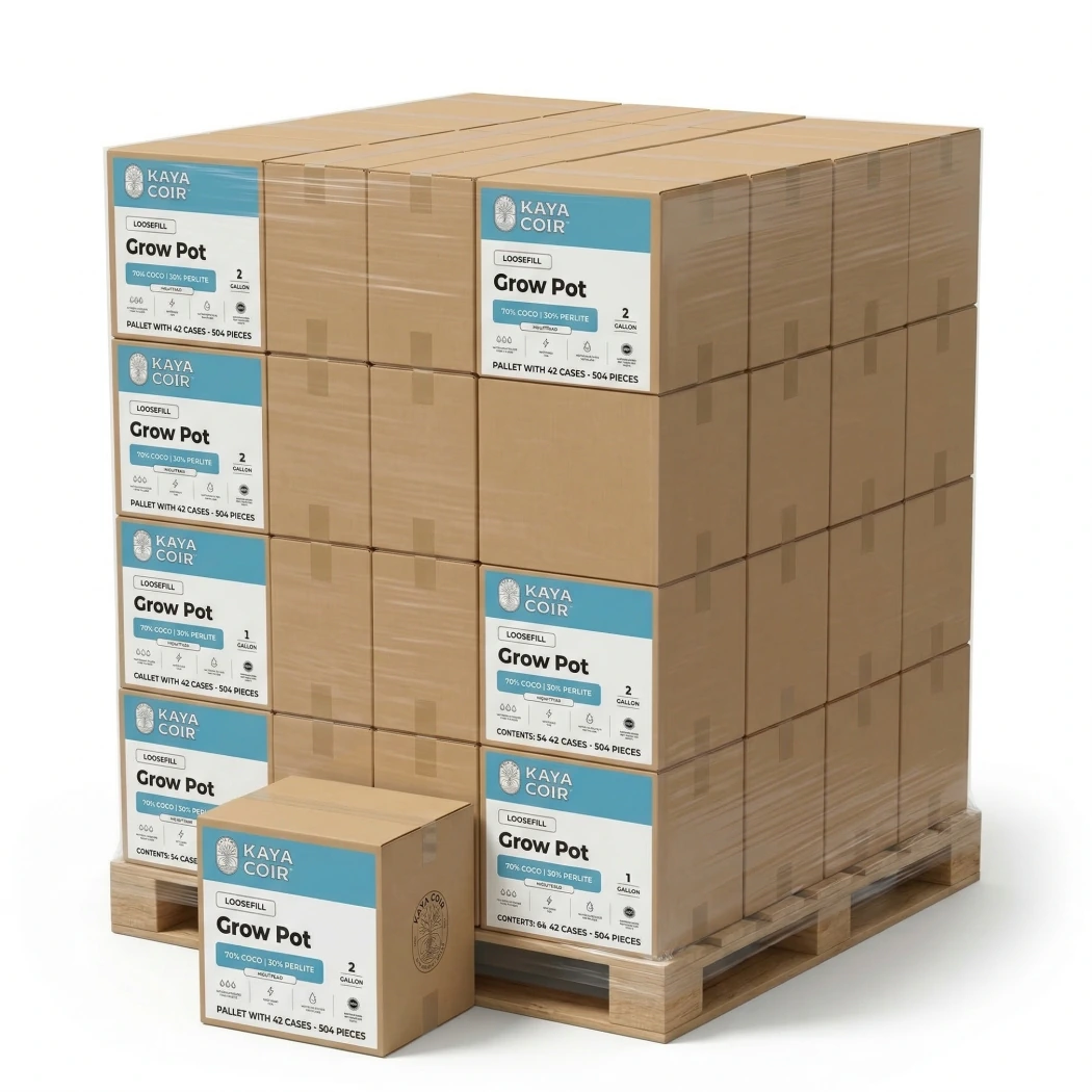 Kaya Coir Loose Fills 70/30 2 Gallon Pallet with 42 Cases 504 Pieces