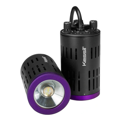 Kessil H160 Tuna Flora 40W LED refugium light, two views with purple ring