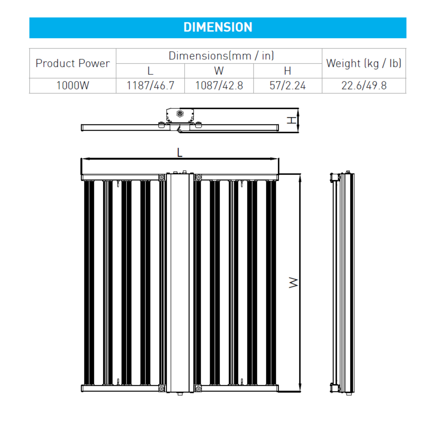MegaPhoton 1000 Watt Full Spectrum LED Grow Light dimensions