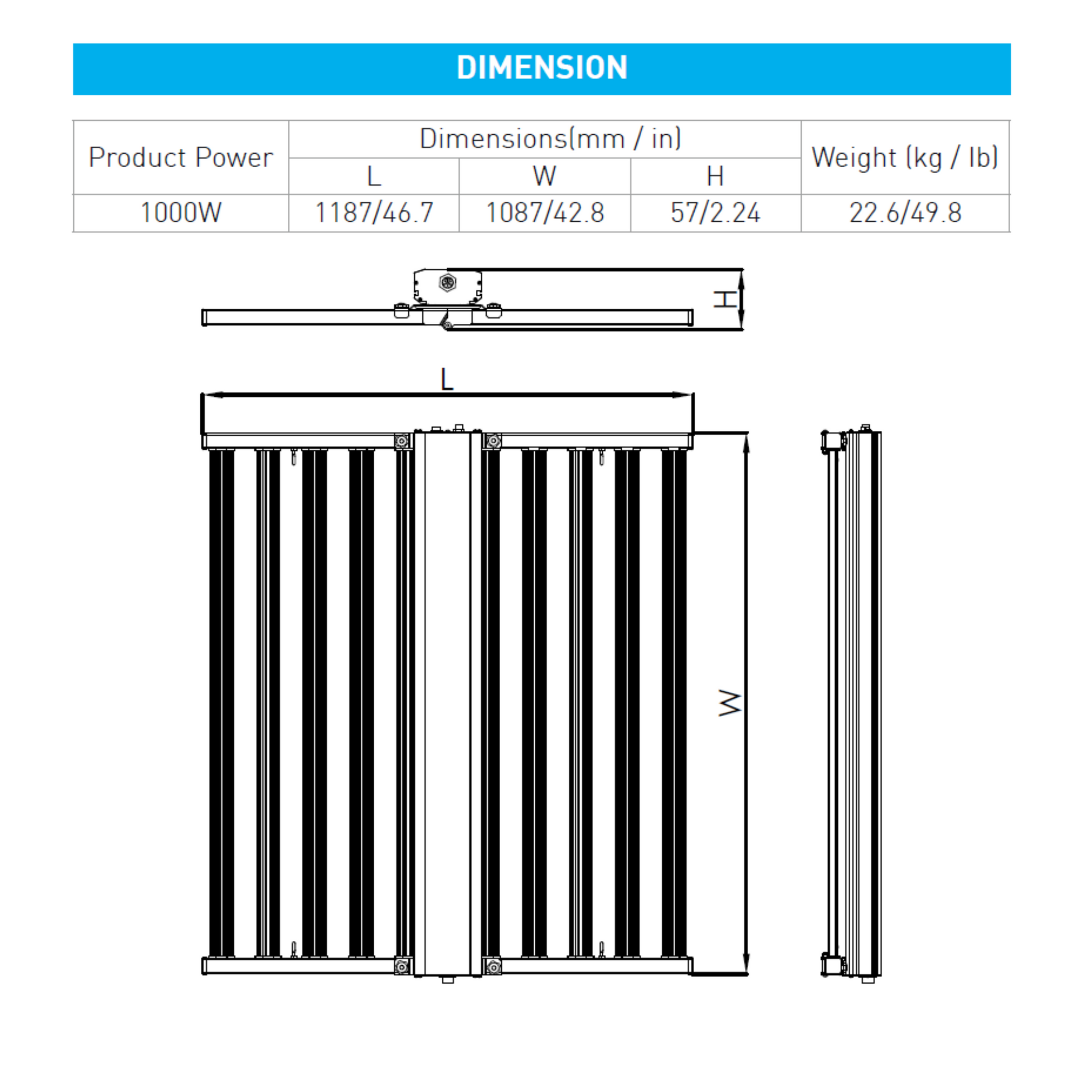 MegaPhoton 1000 Watt Full Spectrum LED Grow Light dimensions