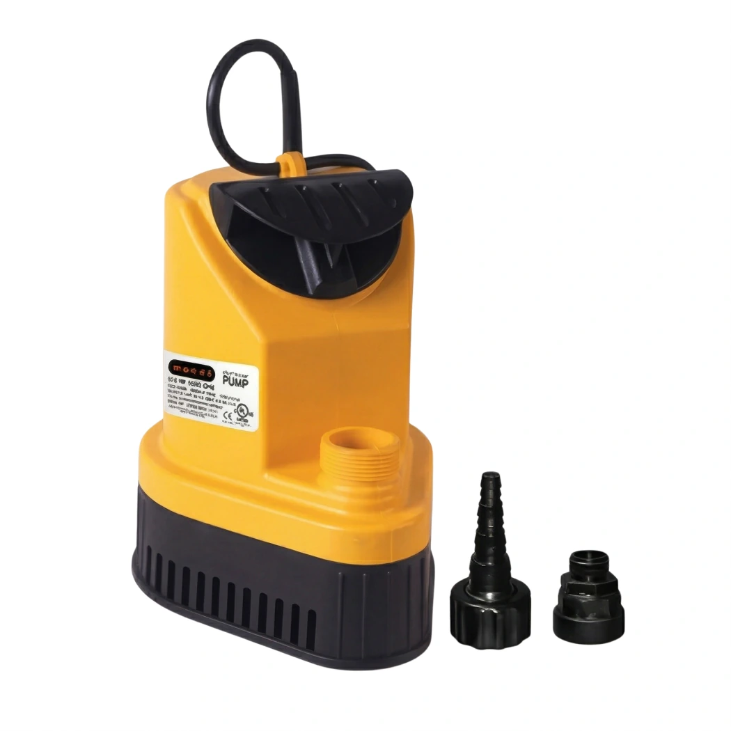 Mondi Utility Sump Pump 1585 GPH Yellow and black submersible pump with accessories on a white background