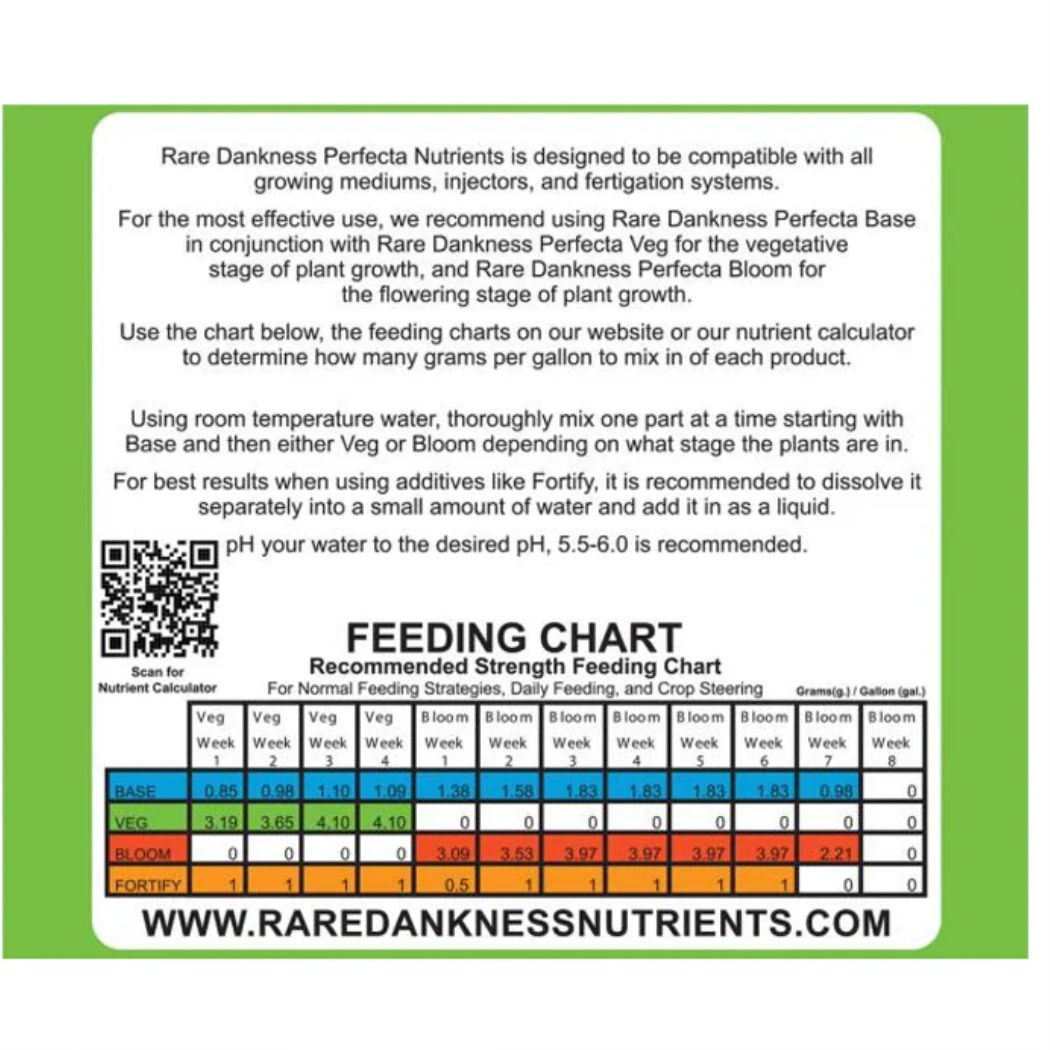 Rare Dankness Nutrients Perfecta VEG feeding chart