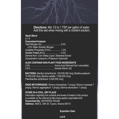 Stash Blend Premium Plant Additive - Back Label