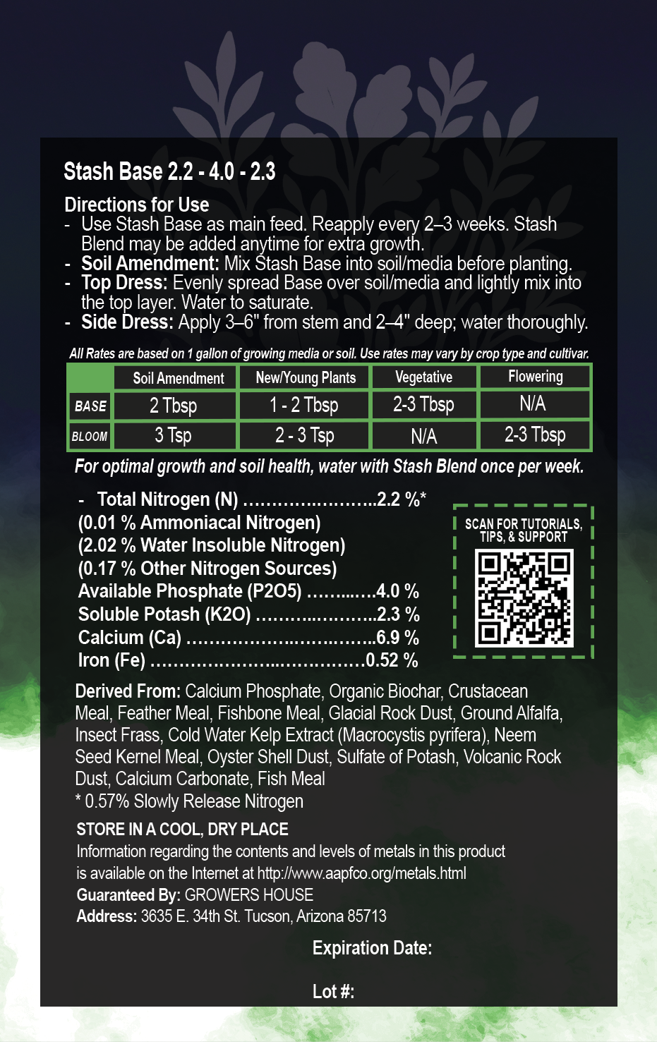 Product label with directions and nutritional information on a dark background