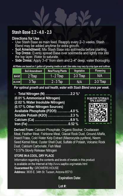 Product label with directions and nutritional information on a dark background