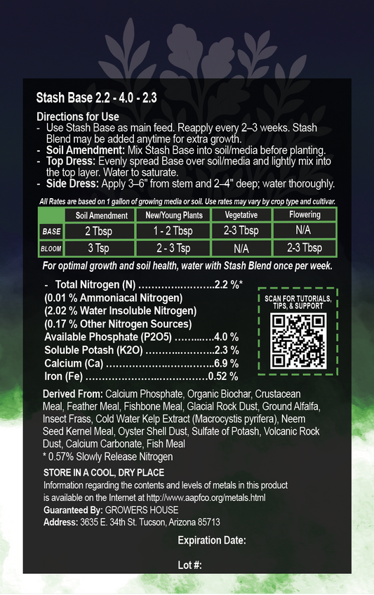 Product label with directions and nutritional information on a dark background