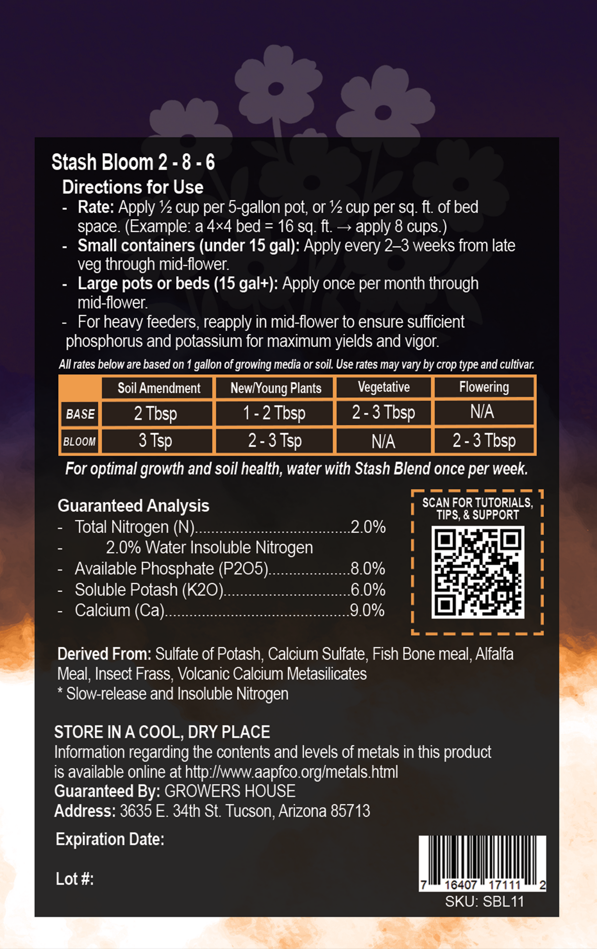 Stash Bloom fertilizer label with directions and guaranteed analysis on a dark background